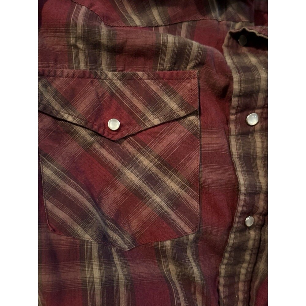 Bit & Bridle Mens Sz L  burgundy/cream plaid western Pearl Snap Long Sleeve Top - Picture 2 of 5